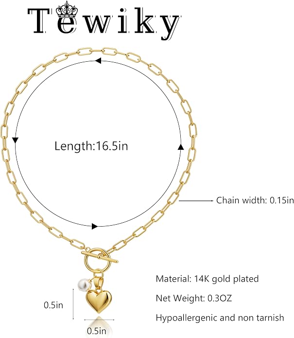 Tewiky Cute Heart Necklace Tiny 14k Gold Heart Pendant Choker Necklaces Small Gold Love Open Heart Chain Necklace for Women Dainty Gold Necklace Gifts for Her
