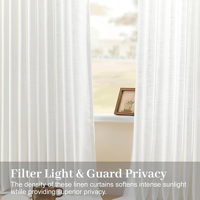 Pinch Pleated Linen Curtains Extra Wide 70 x 96 Inches Long for Living Room, Snow White Semi Sheer Curtain Rustic Light Filtering Window Drapes Memory Trained Ceiling Curtain with Hooks, 1 Panel