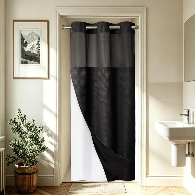 EUTXL Heavyweight Stall No Hook Shower Curtain with Snap in Liner,256GSM Waffle Weave Shower Curtains for Bathroom,36W x 74H,Black