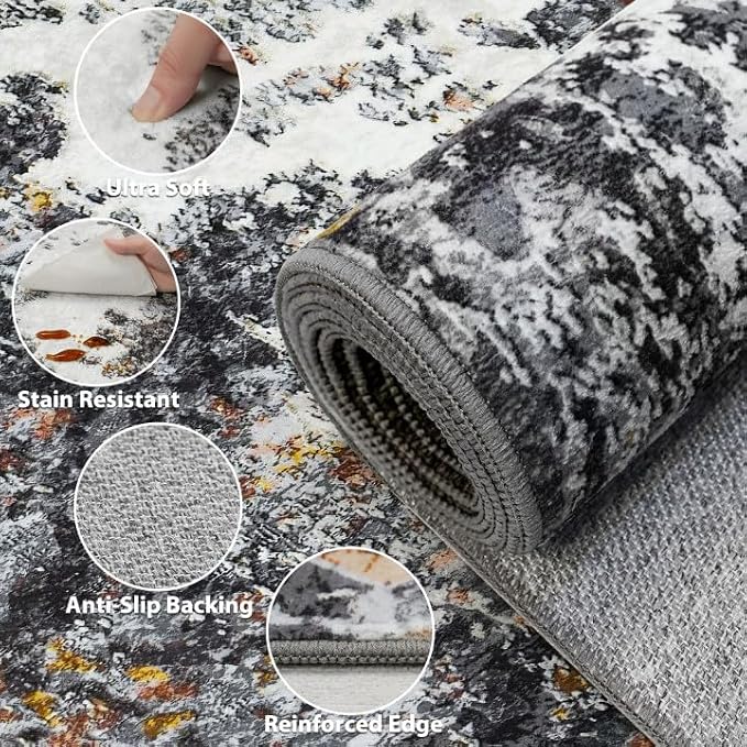 Area Rug 9x12 Living Room: Large Washable Rug with Anti-Slip Backing Non-Shedding Stain-Resistant Soft Abstract Carpet for Bedroom Dining Room Nursery Home Office (Gray/Multi)