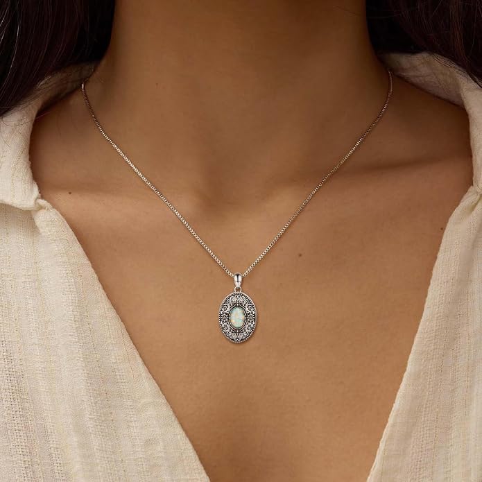 Sterling Silver Locket Necklace for Women Opal Oval-shaped Hold Pictures Photo Pendant Vintage Roses Cross Memory Jewelry Gifts for Women