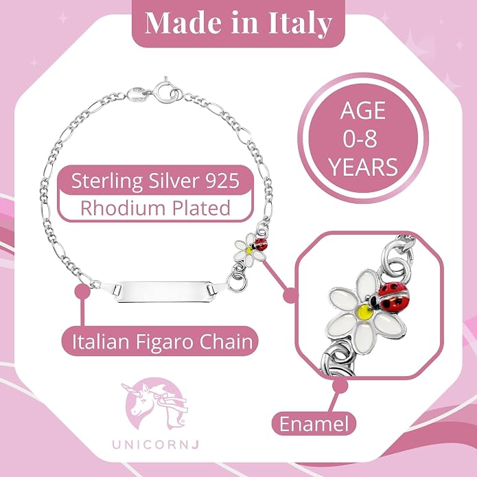 UNICORNJ 925 Italy Sterling Silver Child or Baby Name Bracelet Girls Boys, Personalized Engraved Kids ID Bracelets, 6.5" Figaro Chain, Enamel Charm Newborn Infant Toddler Kid Jewelry