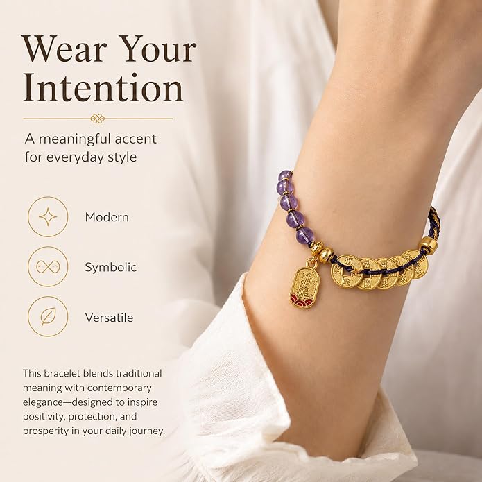 Feng Shui Bracelet with Five Emperor Coins, Beads Amulet for Wealth & Good Luck, Spiritual Protection Jewelry, Adjustable Ha