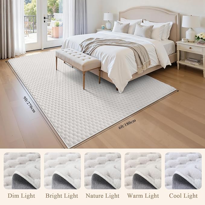Vaukki 6x9 Area Rug for Living Room, Non Slip Washable 3D Bubble Living Room Rug, High Low Pile Hexagon Floor Mat for Bedroom, Modern Soft Fluffy Carpet for Dining Room, Office and Nursery, White