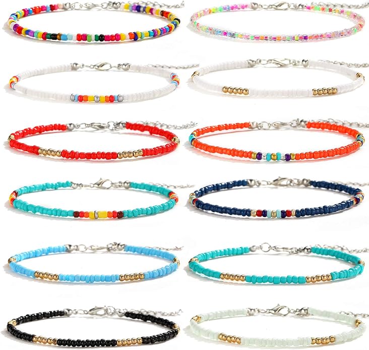 XIJIN 8Pcs Handmade Beaded Anklets for Women Boho Colorful Beads Ankle Bracelets Adjustable Foot Anklet Set