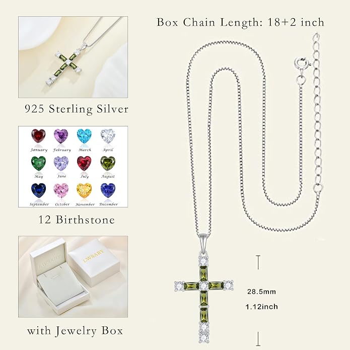 Birthstone Cross Necklace for Women 925 Sterling Silver Christian Religious Crucifix Pendant Rectangular Cut Birthstone Jewelry Gifts for Her