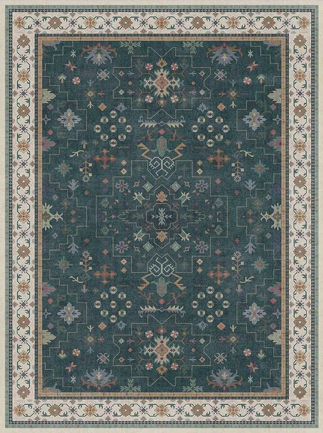 Dark Green Oushak 3x4 Large Entryway Rug - Modern Vintage Boho Floral, Washable Low Pile Non-Slip Area Rugs for Door Mat Indoor Entrance, Kitchen, Bedroom Beside Bed