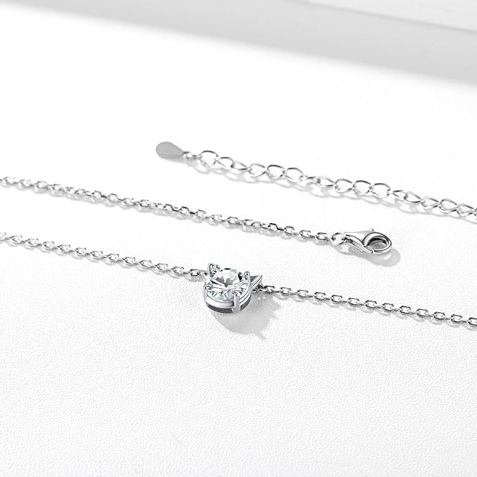ChicSilver Bow and Cat Birthstone Necklace, 925 Sterling Silver Pendant Necklaces for Women, Hypoallergenic Silver Choker with 16 inch Rolo Chain, 12 Months Jewelry for Valentines Mothers Day Christmas