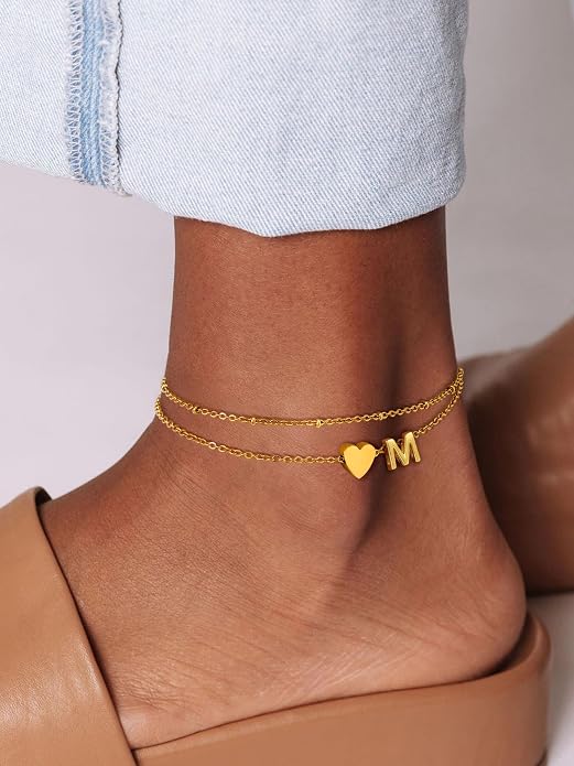 Initial Ankle Bracelets for Women, Dainty Stainless Steel Letter A-Z Layered Anklets, Heart Ankle Bracelet 8.5"-10.5" Adjustable, Summer Beach Jewelry, Come with Box