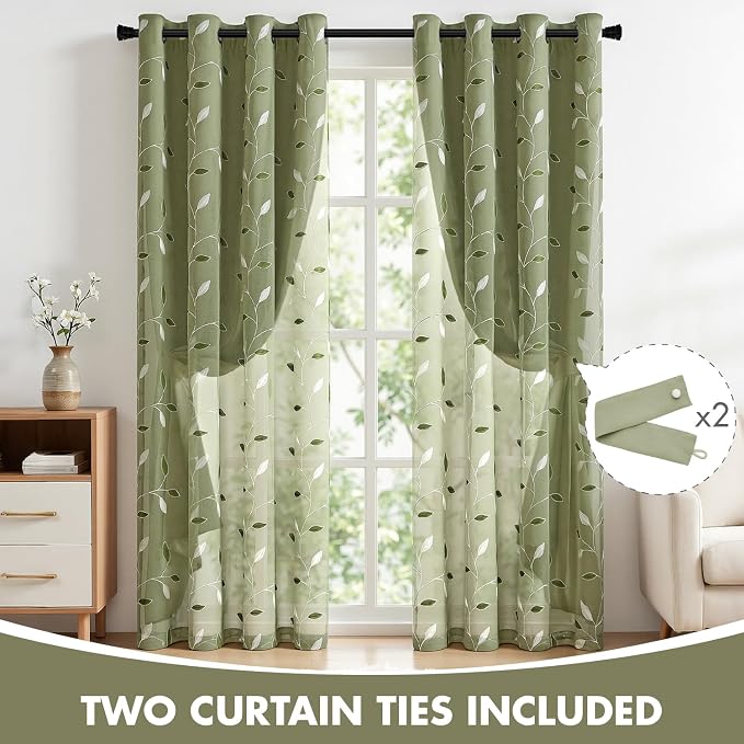MIULEE Sage Green Double Layer Curtains 96 Inches Long, Leaf Patterned Sheer Floral Drapes and Blackout Room Darkening Window Curtains for Living Room Bedroom, Grommets Top, 52" W x 96" L, 2 Panels