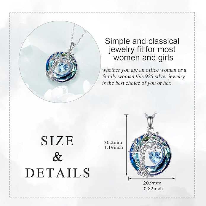 POPLYKE Mothers Day Gifts for Mom Her Wife Tree of Life Necklace 925 Sterling Silver Birthstone Pendant with Crystal Anniversary Birthday Wedding Jewelry for Women
