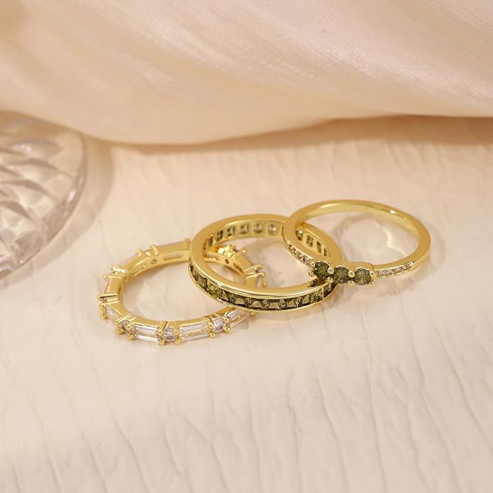 Peridot Stackable Rings for Women 18K Gold Plated Eternity Ring Set Fashion Green Jewelry Size 4-12