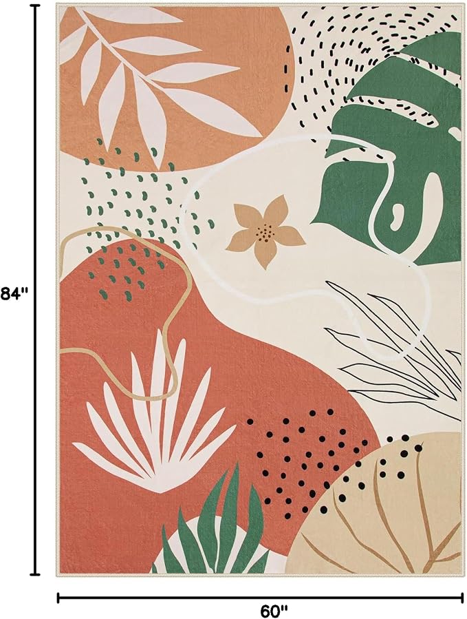 Lahome 5x7 Area Rug for Living Room, Washable Rugs 5x7 for Bedroom Soft Kids Nursery Carpet, Boho Botanical Print Non-Slip Low Pile Carpet for Office Playroom Kitchen Entryway, Coral