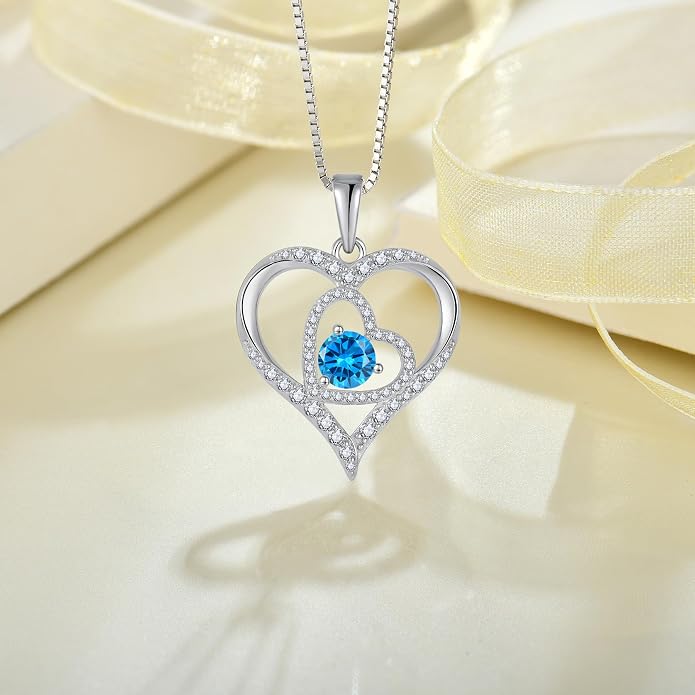 Love Heart Necklace for Women 925 Sterling Silver Birthstone Pendant Necklace Dainty Jewelry for Women Wife Mother Christmas Birthday Mother's Day Gift