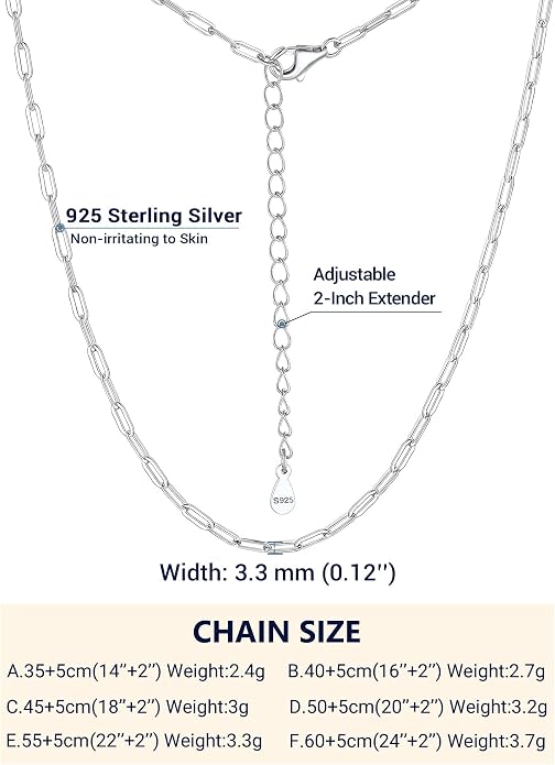 PROSILVER 925 Sterling Silver Paperclip Chain Necklace for Women Jewelry, with Gold/Rose Gold Plated, W: 1.7mm/3.3mm, L: 14"/16"/18"/20"/22"/24", Adjustable, Come with Box