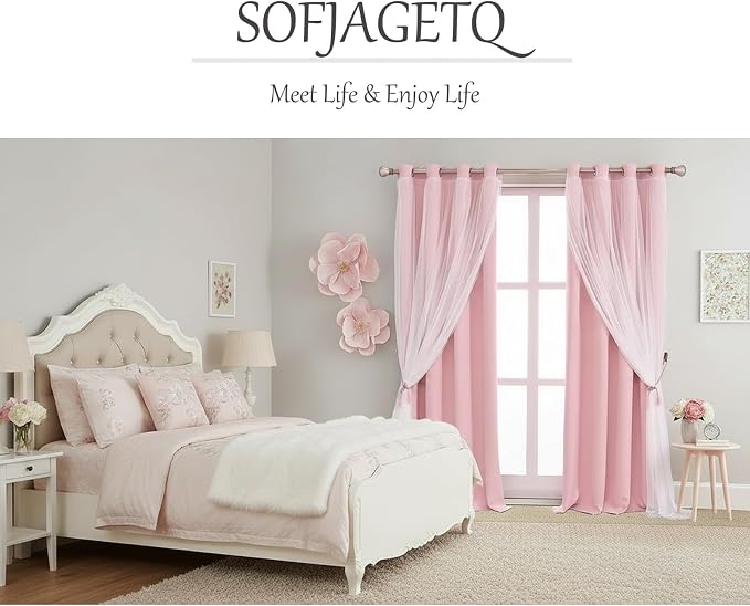 Pink Double Layer Curtains 90 Inch Length- Baby Pink Blackout Curtains with White Sheer Voile for Bedroom, Living Room and Nursery, Girl's Blocking Curtains, 52 x 90 inch