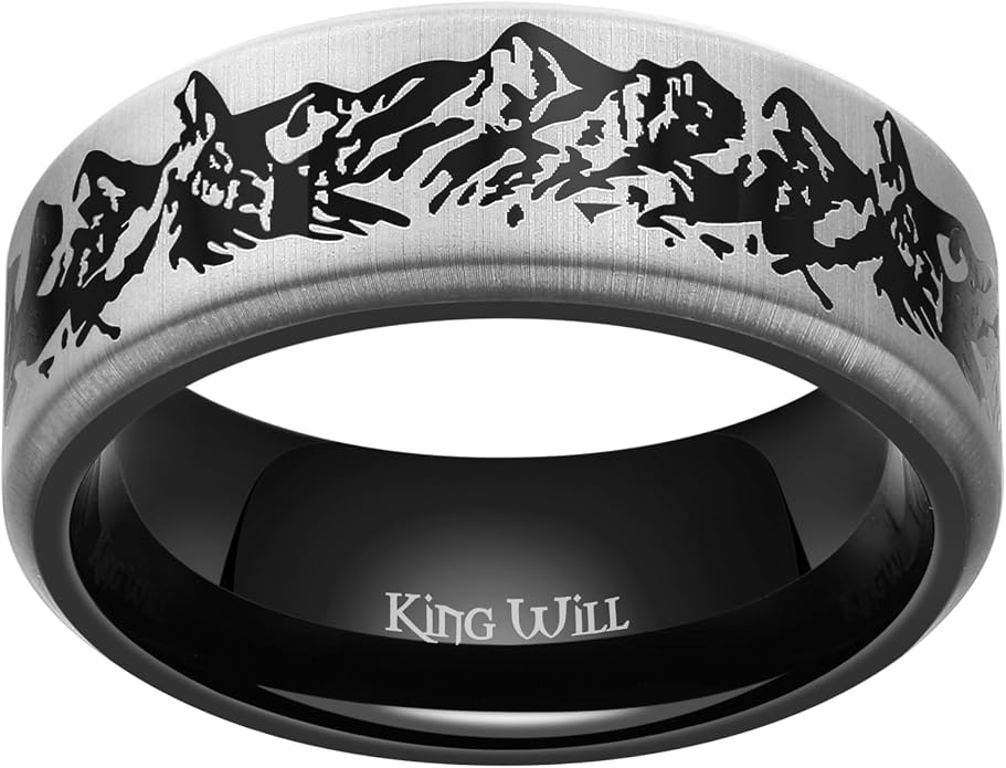 King Will 6/8mm Wedding Band for Men, Silver/Black Hammered Titanium Wedding Ring Inlaid Wood Inner Hole, Wedding Band for Men Matte Brushed Comfort Fit 7-14
