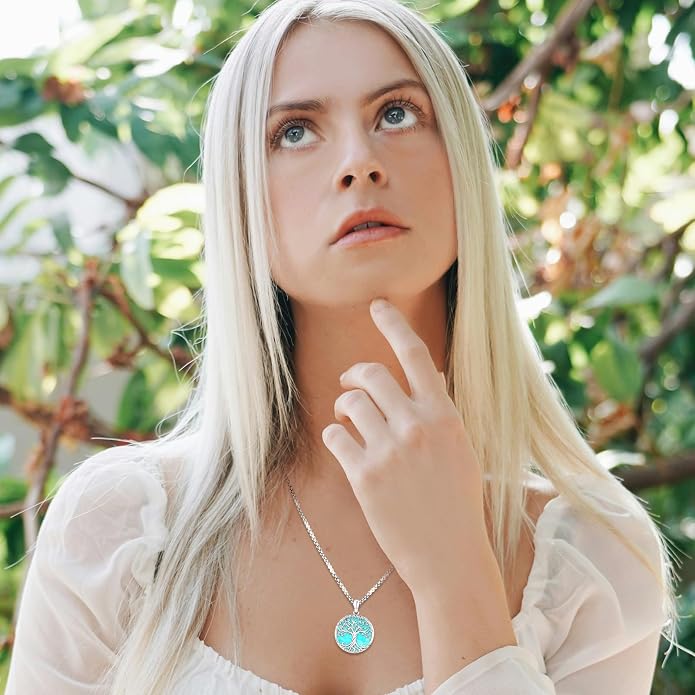 Tree of Life Necklace for Women Sterling Silver Celtic Moon Tree Moonstone Turquoise Pendant Heart Family Tree Necklace for Mother Daughter Sister Gifts