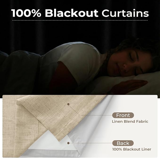 CAPALOCA Pinch Pleated Blackout Curtains 84 Inches Long, Linen Blend, 100% Blackout Drapes with 20 Hooks, Ideal for Bedroom and Living Room, 40" W x 84" L (Pack of 2), Oatmeal