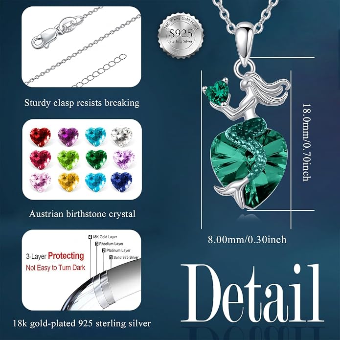 Mermaid Birthstone Necklace for Women 925 Sterling Silver Jewelry Austrian Crystal Pendant Christmas Gifts for Her