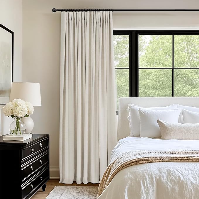 INOVADAY 100% Blackout Curtains for Bedroom, Cream Black Out Curtains 108 Inch Long, Clip Rings Linen Blackout Drapes, Thermal Insulated Room Darkening for Living Room, 1 Panel - W102xL108