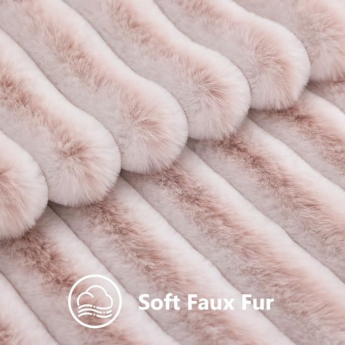 decorUhome Fall Faux Fur Throw Pillow Covers 22x22 Set of 2 Pink White | Decorative Soft Cozy Striped Plush Modern Farmhouse Boho Couch Pillow Cases Velvet Back for Sofa Bed Living Room Home Decor