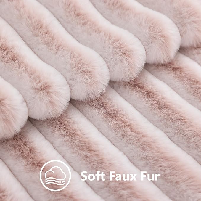 decorUhome Fall Faux Fur Throw Pillow Covers 24x24 Set of 2 Pink White | Decorative Soft Cozy Striped Plush Modern Farmhouse Boho Couch Pillow Cases Velvet Back for Sofa Bed Living Room Home Decor