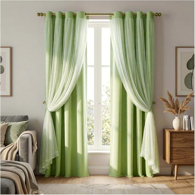 Sage Green Blackout Curtains - 2 PCs Double Layer Blackout Curtains, Sheer Voile with Lace Hems, Light Block Panels Mix & Match Window Decor for Bedroom,Dining Room, Kids Room, 52"x84"