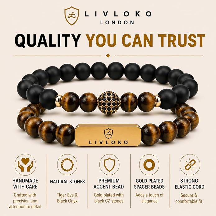LONDON Mens Bracelet Leather Black Multi-Layer Stone Beads Adjustable Steel Clasp Viking Rope Bands Surfer Man Wristband Male UK Jewellery Gift box Boyfriend Dad Son Brother Tiger Eye