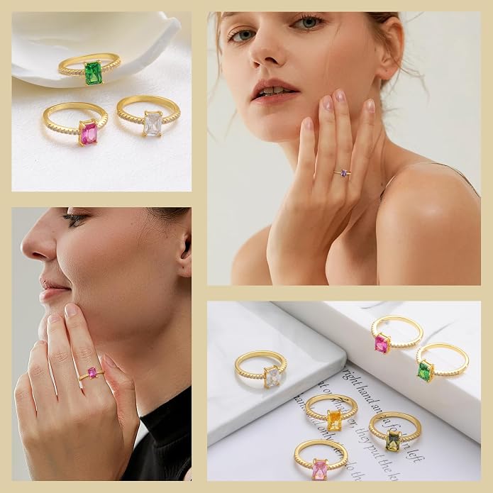 Honsny Gold Birthstone Rings for Women Non Tarnish 14K Gold Plated Emerald Engagement Promise Rings CZ Stackable Dainty Gemstone Pinky Eternity Band Ring Jewelry Birthday Graduation Gifts