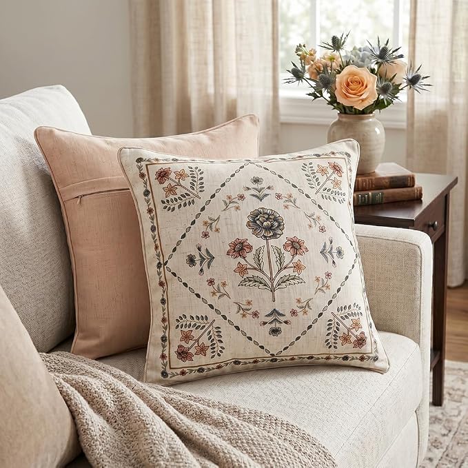 ISAENNE Designer Vintage Linen Throw Pillow Cover,18"x18"-Cornucopia B | Elegant French Square Pillow Cover,Concealed Zipper Design,Floral Pattern,Sofas,Bedroom,Living Room,Lounge Chairs
