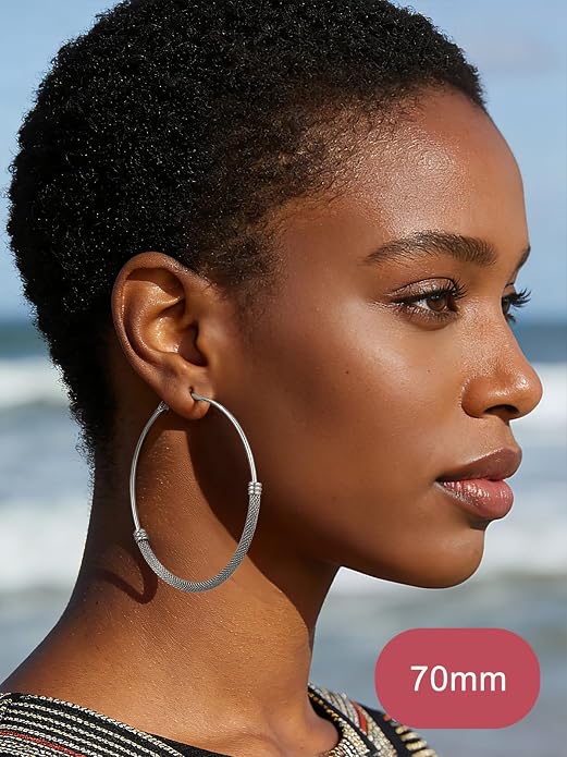 FOCALOOK 14K Gold Plated Hoop Earrings, Lightweight Hypoallergenic Large Stainless Steel Black Hoops Earrings for Women 20/30/40/50/60/70/80mm