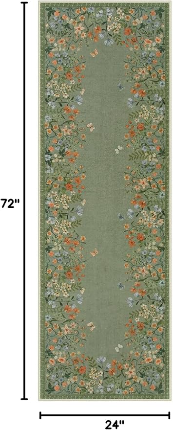 Wonnitar 2x6 Washable Runner Rug, Green Floral Hallway Runner, Boho Botanical Kitchen Rug, Non Slip Bedroom Runner for Side of Bed, Farmhouse Laundry Bathroom Decor (2x6 Green)