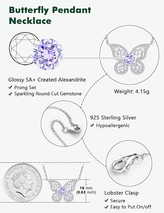 925 Sterling Silver Birthstone Necklaces for Women, Dainty Cute Dragonfly/Butterfly Pendant Necklace, Great Christmas/Anniversary Jewelry for Mother
