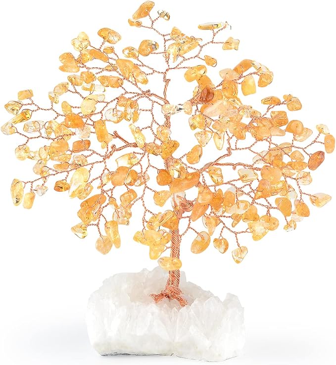 Natural Citrine Gemstone Crystal Tree of Life,Clear Quartz Cluster Base,Bonsai Money Tree Feng Shui Home Decor,Healing Crystals Positive Energy Gift for Luck and Wealth 5.5"-6.3"