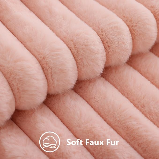 decorUhome Fall Faux Fur Throw Pillow Covers 22x22 Set of 2 Blush Pink | Decorative Soft Cozy Striped Plush Modern Farmhouse Boho Couch Pillow Cases Velvet Back for Sofa Bed Living Room Home Decor