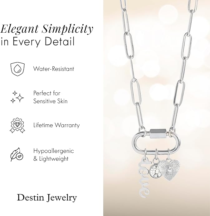 Destin Jewelry 18K Gold PVD Faith Charm Necklace for Women, Chunky Paperclip Chain with Carabiner Charm Keeper and Message, Stainless Steel Necklace 18"+2"