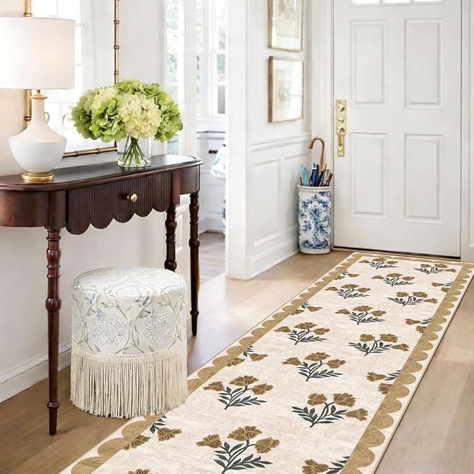 Non Slip Washable Hallway Runner Rug - 2x10 Long Beige Kitchen Runner Rug Soft Boho Runners for Hallways Cottage Floral Scalloped Area Rug for Bedroom Entryway Foyer Bathroom Double Vanity
