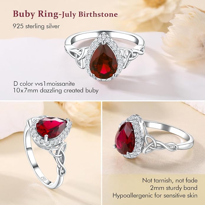 DAYBYDAY Celtic Birthstone Rings for Women 925 Sterling Silver Heart/Round/Pear/Oval Created Gemstone Moissanite Halo Engagement Promise Rings for Her Wife Birthday Anniversary Wedding Jewelry