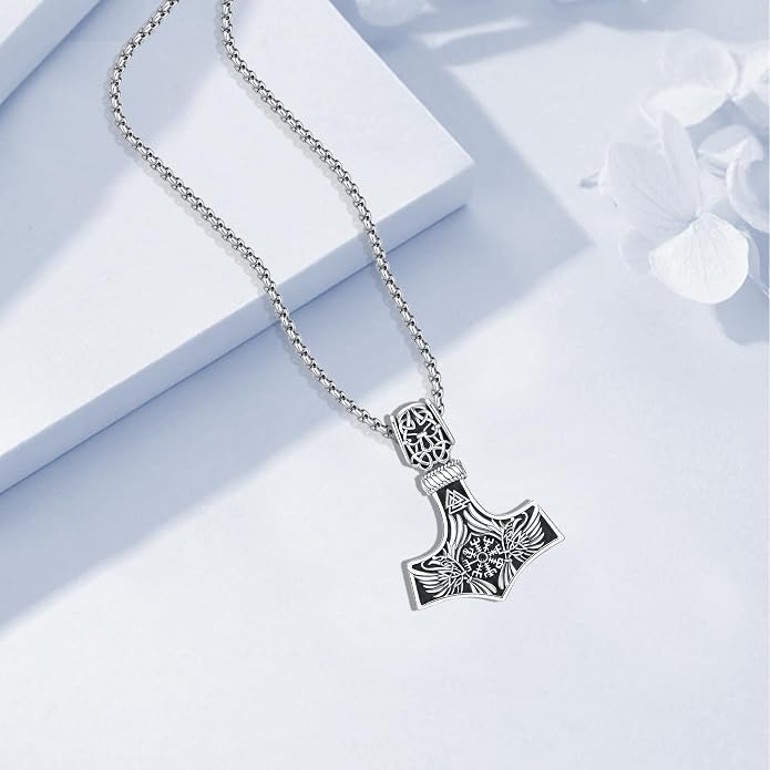 Thors Hammer Necklace - Viking Mjolnir Necklace Nordic Vegvisir Valknut Symbol Pendant 925 Sterling Silver Norwegian Amulet Jewelry Gift for Men Women