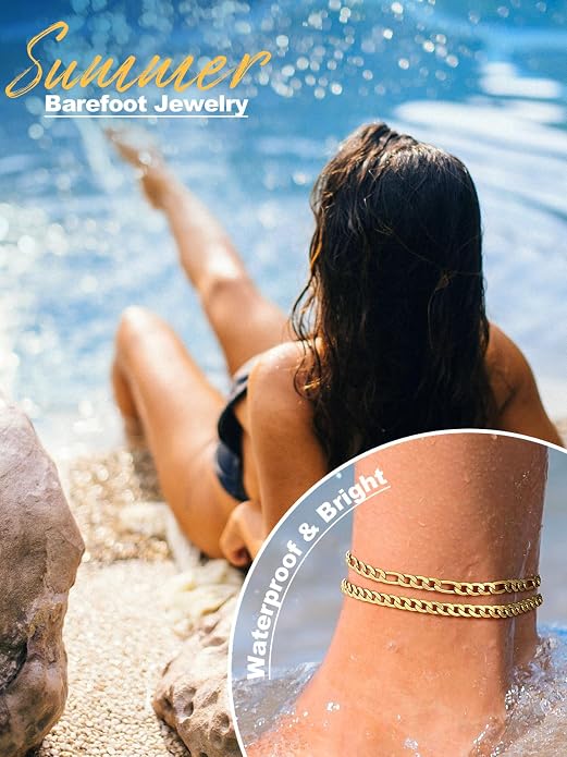 U7 2Pcs/3Pcs Ankle Bracelets for Women, Stainless Steel Cuban Link/Figaro/Rope/Heart Chain Anklets Sets,Waterproof Layered Anklets Adjustable 8.5"-10.5"