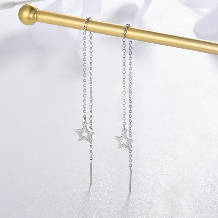 2 Pairs S925 Sterling Silver Chain Threader Earrings For Women Bar Wrap Threader Dangle Drop Earrings Lightweight Minimalist Hypoallergenic Earrings Anniversary Jewelry