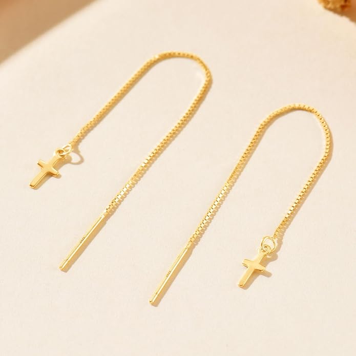 Cross Threader Earrings for Women 925 Sterling Silver Dainty Long Chain Ear Line 14K Gold Plated Elegant Cross Faith Dangle Tassel Earrings Hypoallergenic Drop Stud Christian Wedding Jewelry Gift