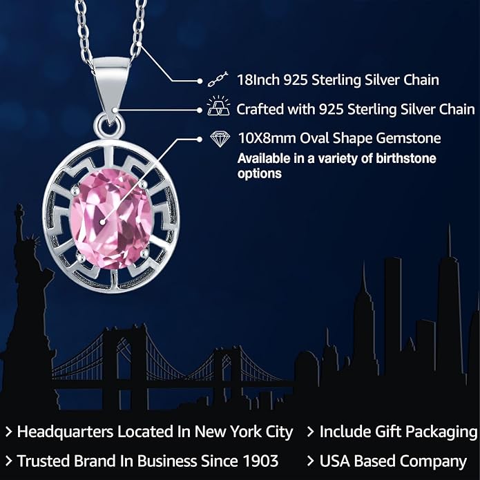 Gem Stone King 925 Sterling Silver 10X8MM Oval Gemstone Birthstone Necklace | Greek Key Pendant Necklace for Women | With 18 Inch Silver Chain