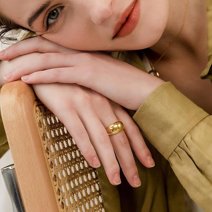NOKMIT Chunky Dome Rings for Women Dainty 14K Gold Silver Tone Cute Bold Dome Statement Ring Thick Minimalist Thumb Band High Polished Smooth Comfort Fit Size 5-10