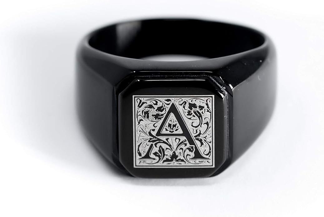 Jewelry | Stainless Steel Letter Alphabet Initial Ring | Square Flat Top Ring for Men & Women | Stainless Steel Jewelry, (Black, Gold, Silver), Size 7-16