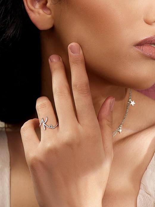 SILVERCUTE S925 Initial Rings, Adjustable Size 6-12 Statement Alphabet Letter A-Z Jewelry Personalized Twisted Initials Rings Sterling Silver Stacking Ring for Women