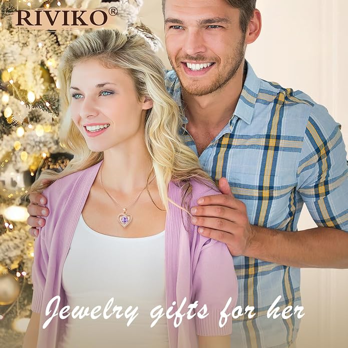 RIVIKO Heart Birthstone Pendant Necklace for Women 925 Sterling Silver Zirconia Necklaces Valentine's Day Anniversary Birthday Mothers Day Jewelry Gifts For Her Mother Wife