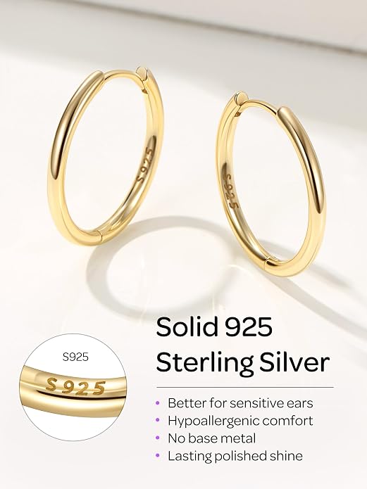 ChicSilver Sterling Silver Hoop Earrings for Women Hypoallergenic 925 Sterling Silver Huggie Earrings for Women Dainty Earring (8/10/12/14/16/18/20MM)