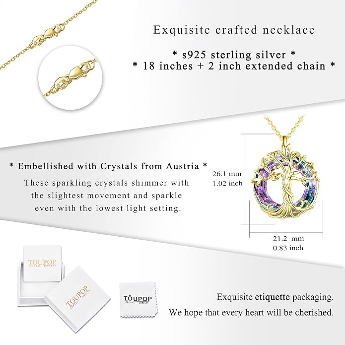 TOUPOP Tree of Life Necklace Gifts for Women 925 Sterling Silver Family Tree Pendant with Crystal Birthday Irish Jewelry Gifts for Women Her Wife Mom